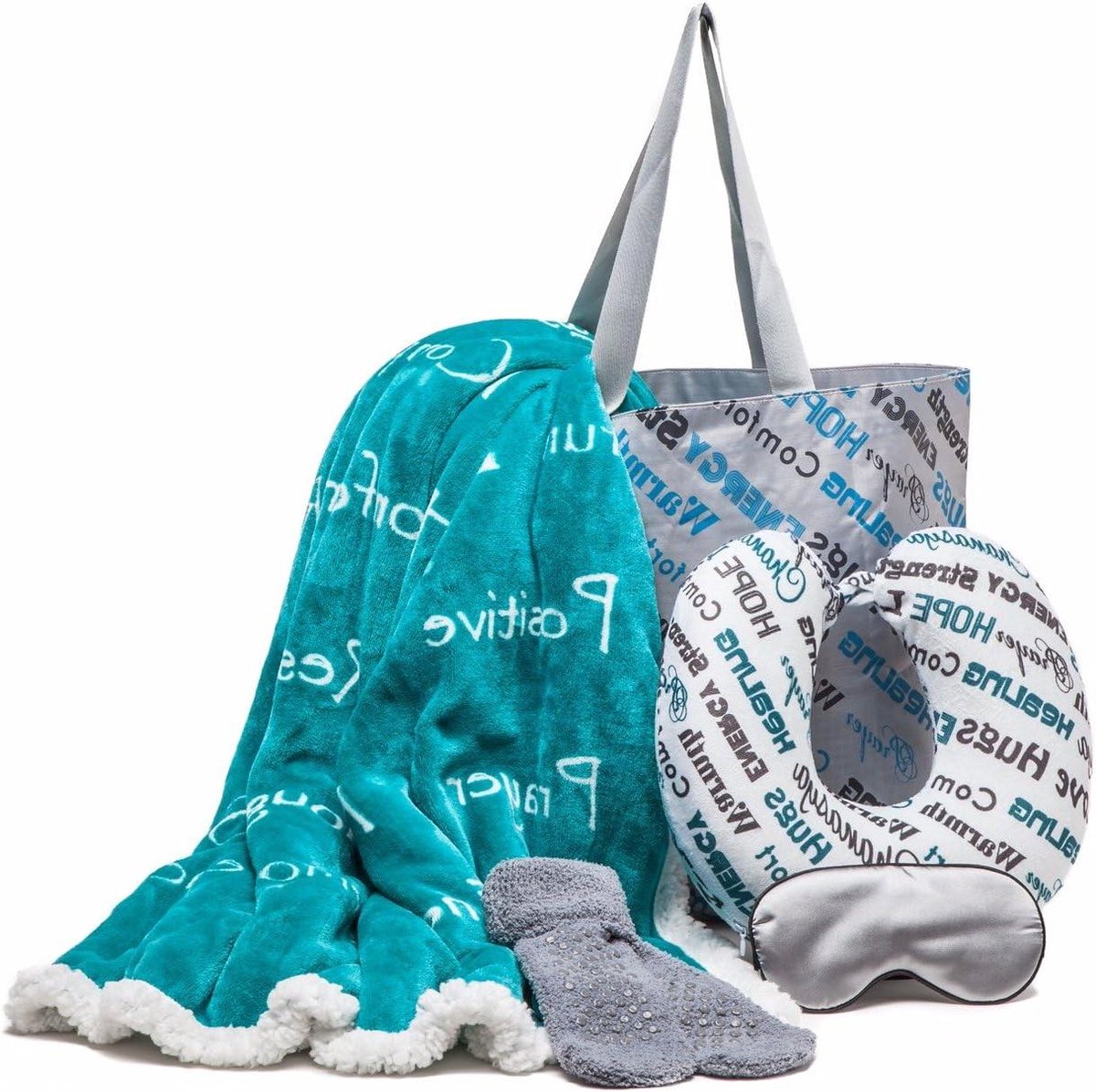 Cadeaupakket - Luxe set - Ontspanning thuis - Met bemoedigende woorden - 127 x 165 cm - Groenblauw