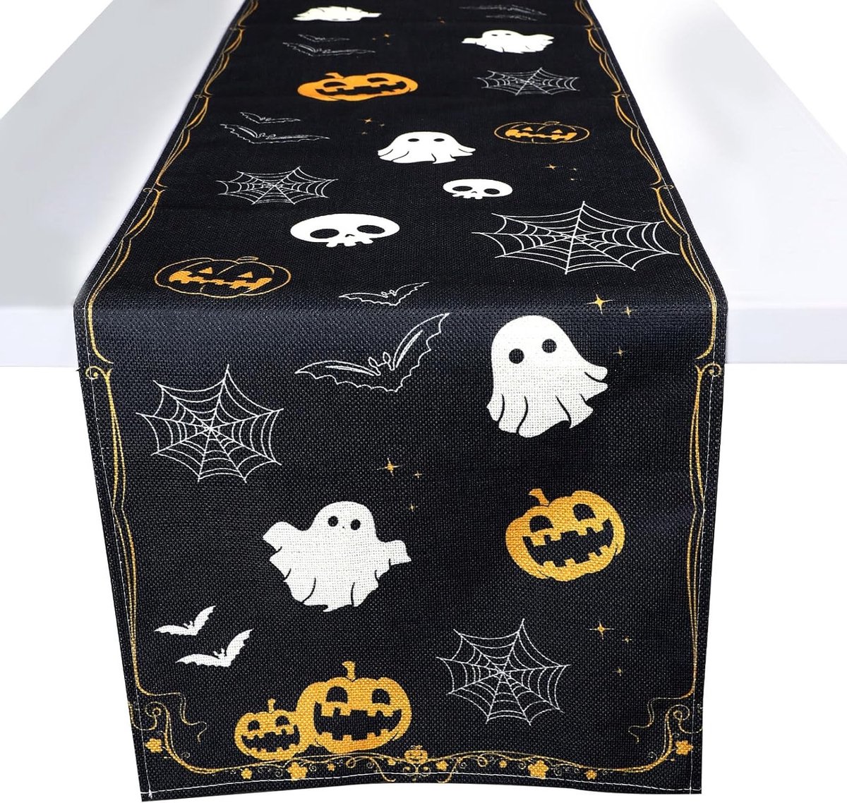 Halloween Tafelkleed van Linnen, Duurzaam en Leuk met Pompoen, Spook en Vleermuis voor Feestelijke Decoratie in Keuken en Eetkamer