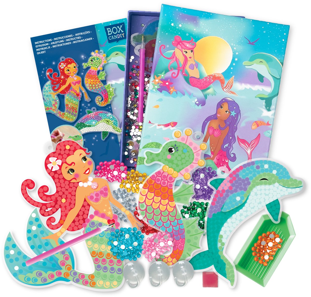 BOX CANDIY Zeewier & Zeedieren Zonnevanger Knutselset voor Kinderen – DIY Onderwater Knutselpakket met 3 Plakbare Vellen, Kleurrijke Edelstenen, Gereedschap, Zuignappen & Opbergbox