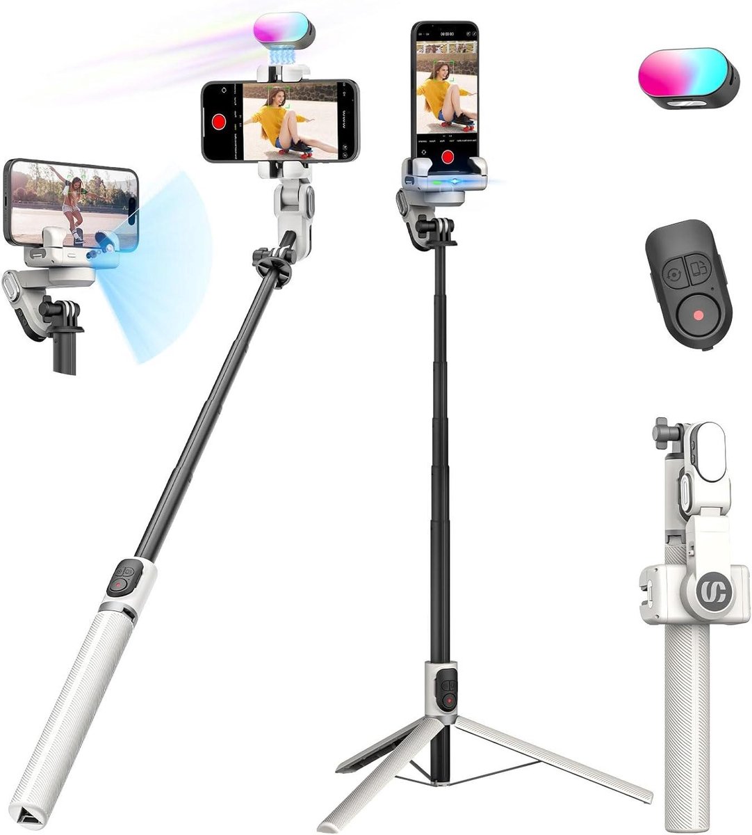 Smartphone Stabilisator - Gimbal Selfie Stick - Video Opnames Maken - App-vrije Gezichtsherkenning - 108 cm Uitschuifbaar - Wit