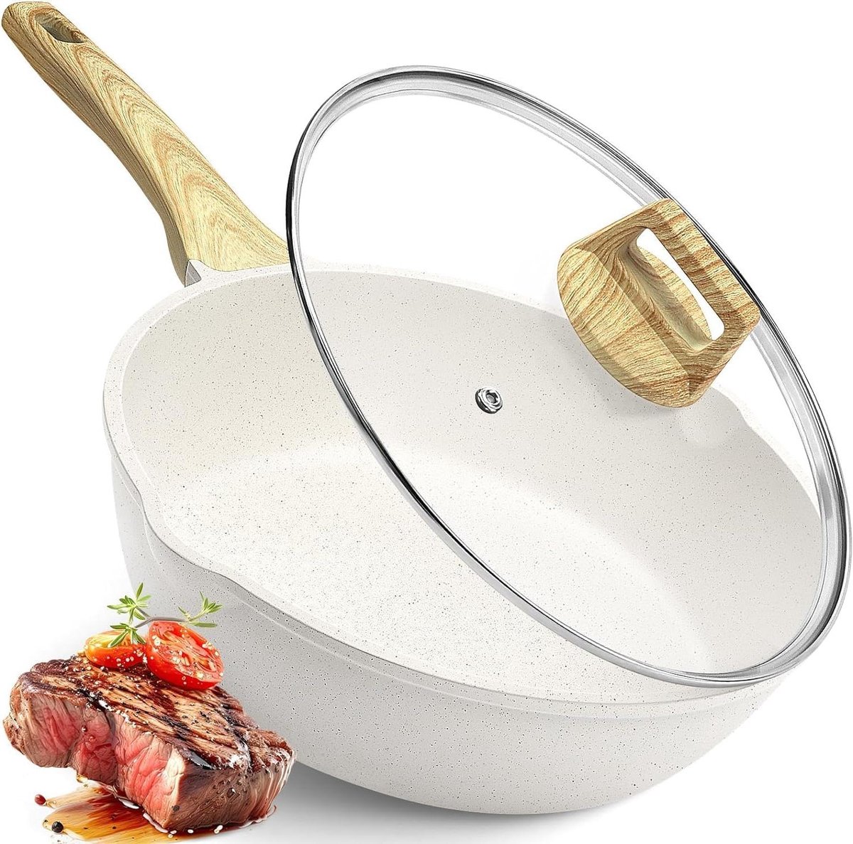 GiPP High Edge Wok Pan, Non-Stick Pan, Granite Non-Stick Coating, 4.5 L Casserole with Lid, PFOS/PFOA-Free, All Heat Sources, White