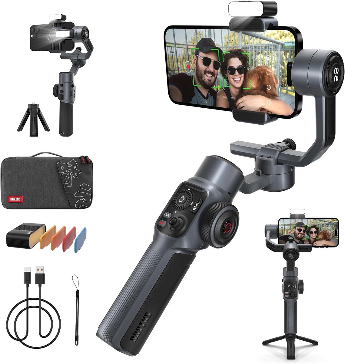 Gimbal Stabilisator - Smartphone Stabilisator - Video Opnames Maken - Geïntegreerd Extra Licht - 615 Gram - Grijs