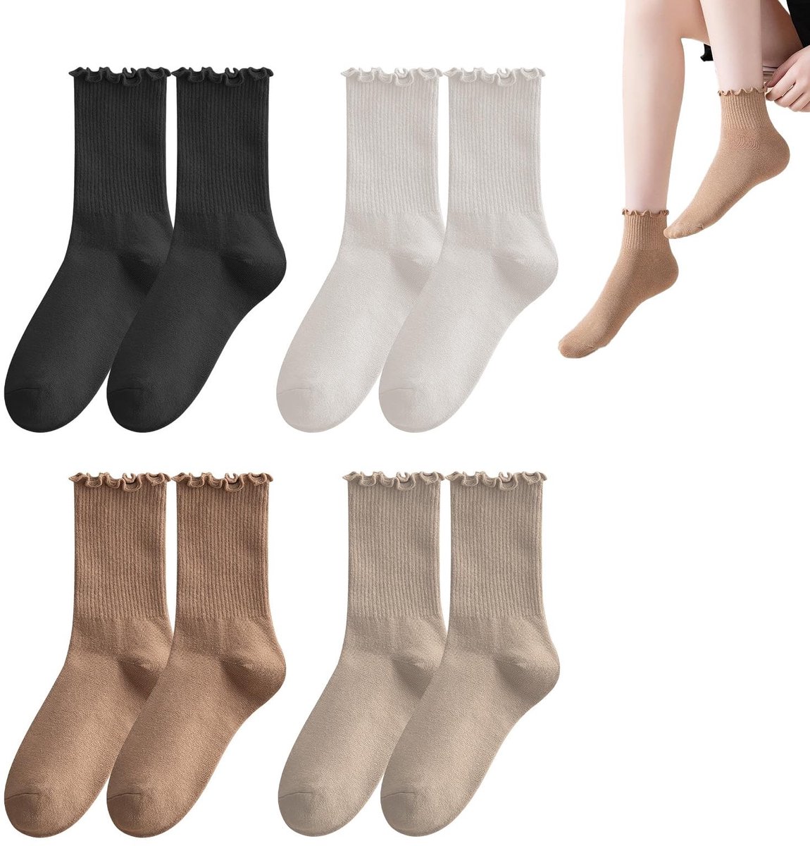 Dailygoods- Sokken met Ruches - 4 Paar - Ademend - Comfortabel - Enkelsokken - Meisjes/Vrouwen - Hoogwaardig Polyester - Kanten Sokken