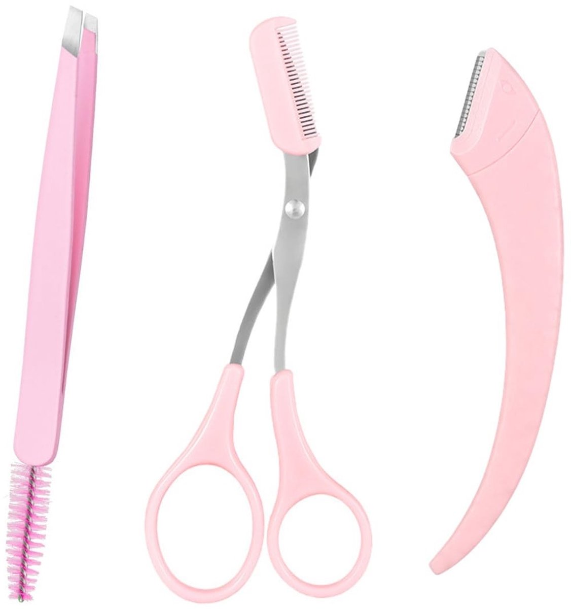 Dailygoods- Wenkbrauwset 3-delig - Wenkbrauwschaar met Kam - Wenkbrauwscheermes - Pincet met Wimperborstel - Beauty-gereedschap - Roze - Beautyset