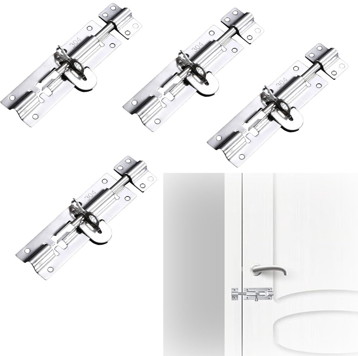 Dailygoods- Deurslot Binnendeur - Roestvrij Stalen Grendelslot - Tuindeurslot - Buiten Afsluitbaar - 4 Stuks - Schokbestendig Ontwerp - Grendel