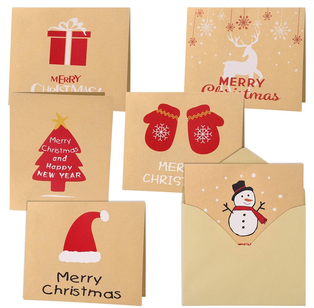 Dailygoods- Kerstwenskaarten 30 Stuks - Vrolijk Kerstfeest - Kraft Kaarten - Enveloppen - Stickers - Formaat 12 x 10 cm - Feestkaarten