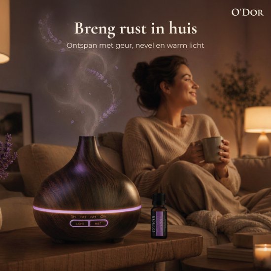 O'dor® Luchtbevochtiger - Aroma Diffuser met Geur Olie - Automatische Air Humidifier voor Slaapkamer, Babykamer, Woonkamer, Kinderkamer - Ambiance Geurdiffuser - Geurverspreider Therapie - Elektrische Ultrasone Vernevelaar & Geurverstuiver - 550ml