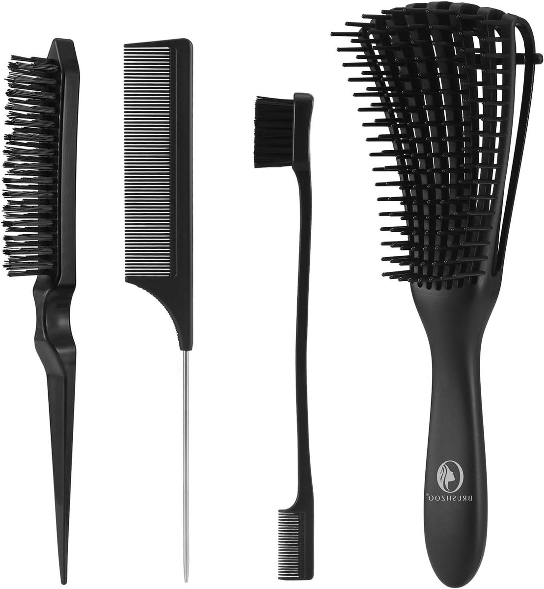 BRUSHZOO Hair Styling Kit Detangling Brushes for Curly Hair with Tease Brush, Rat Tail Comb and Edge Brush for Women Men and Kids (Black)