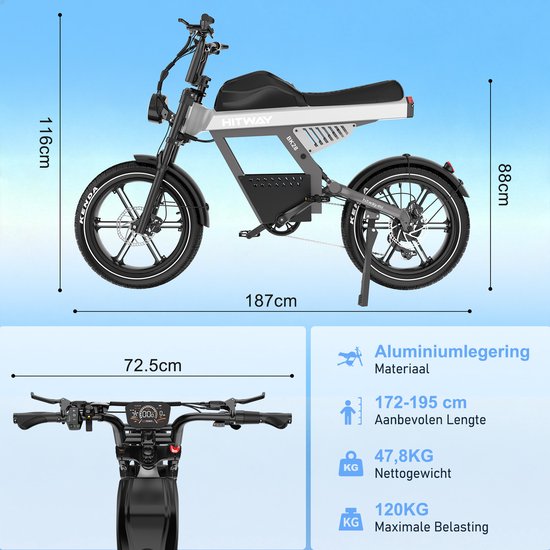 Hitway Elektrische Fiets BK28 - 20*4.5 Inch Fat Tire City Commuter EBike met Afneembare 48V 25 Ah Lithium Batterij - Mountain E-Bike met 250W Motor - 7 Versnellingen - APP Bediening van Hitway — afbeelding 4