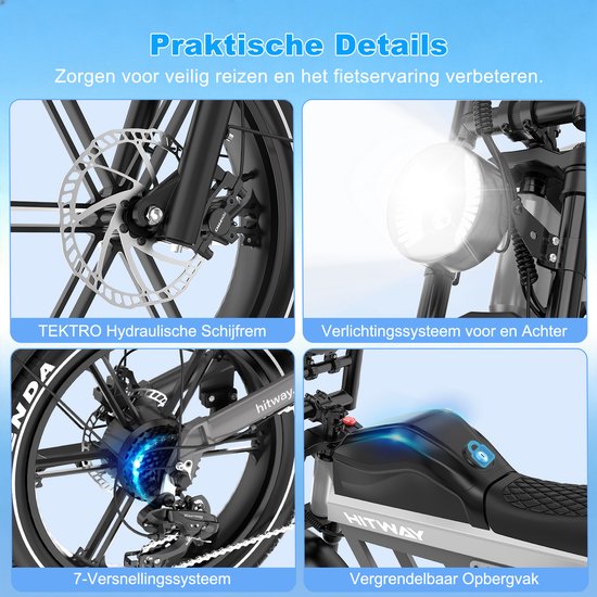 Hitway Elektrische Fiets BK28 - 20*4.5 Inch Fat Tire City Commuter EBike met Afneembare 48V 25 Ah Lithium Batterij - Mountain E-Bike met 250W Motor - 7 Versnellingen - APP Bediening van Hitway — afbeelding 2