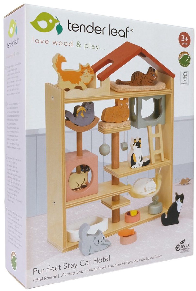 Tender Leaf kattenhotel houten poppenhuis met katten en accessoires.