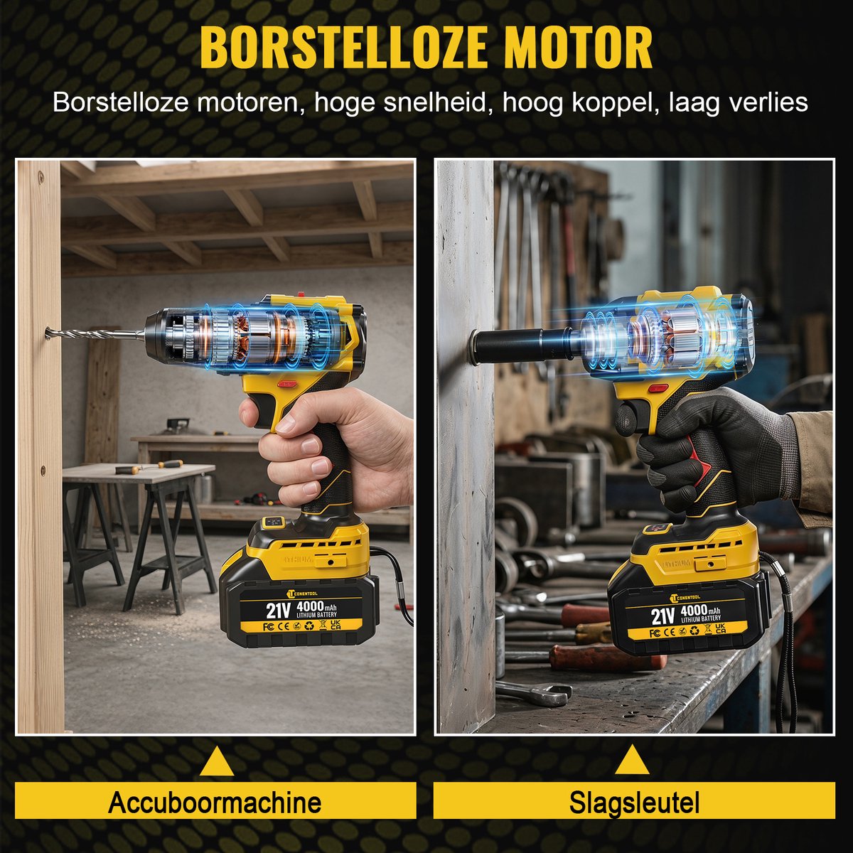 CONENTOOL 21V 2-in-1 Gereedschapsset – 700Nm Accu Slagmoersleutel en 55Nm Boormachine – Incl. 2x 4.0Ah Accu, Snellader en Accessoires – Voor Auto-onderhoud en Klussen – foto 4