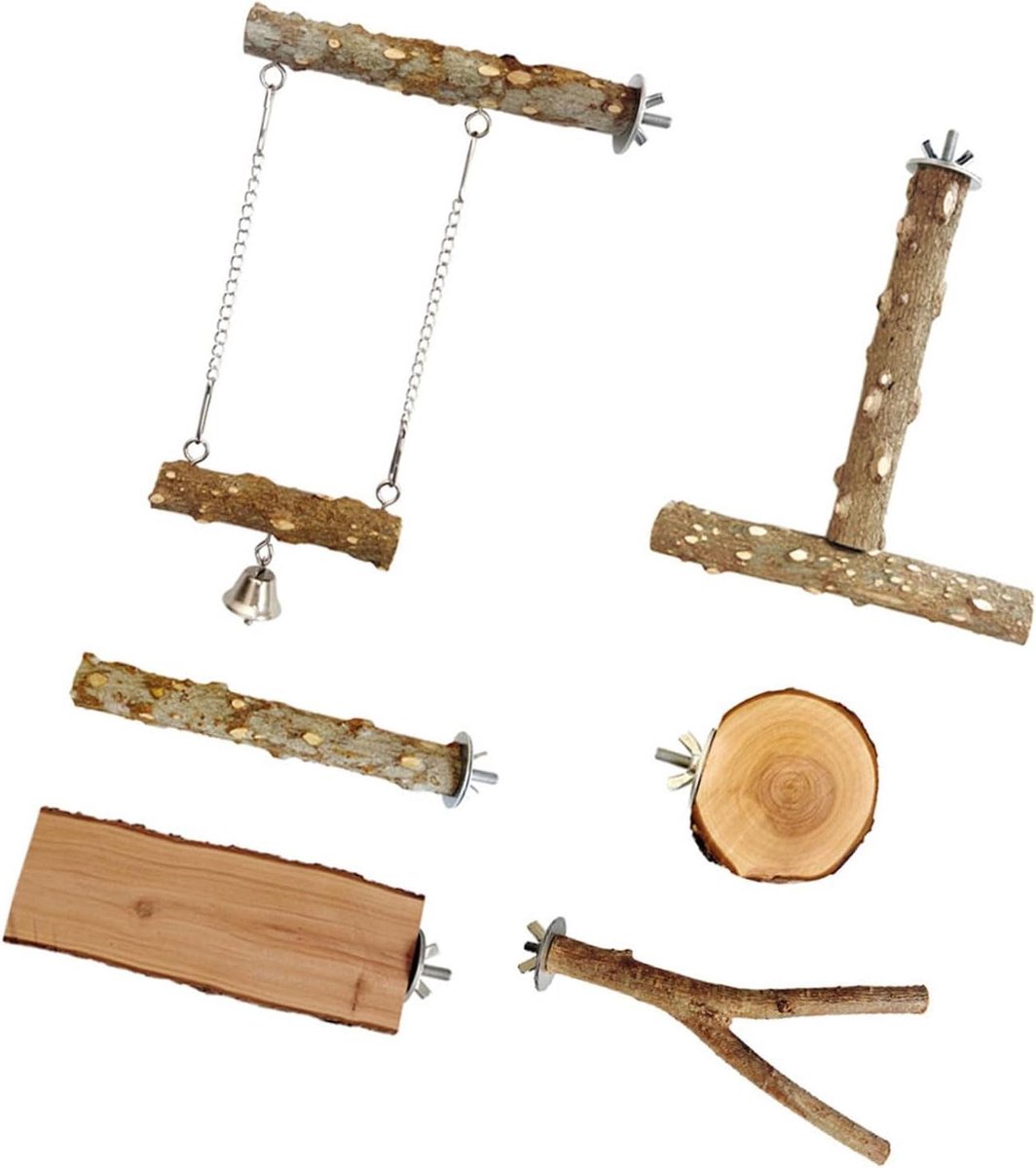 Vogel Zitstokken - Kauw Speelgoed - Vogel Verrijking - Natuurlijk Hout - 6 Stuks - Meerkleurig