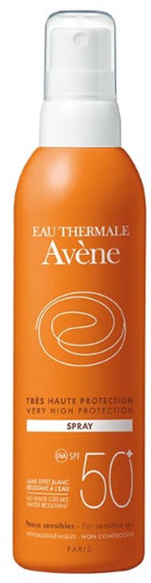 Avène Eau Thermale Très Haute Protection zonnebrandspray, SPF 50+. Oranje fles met witte dop en dispenser.