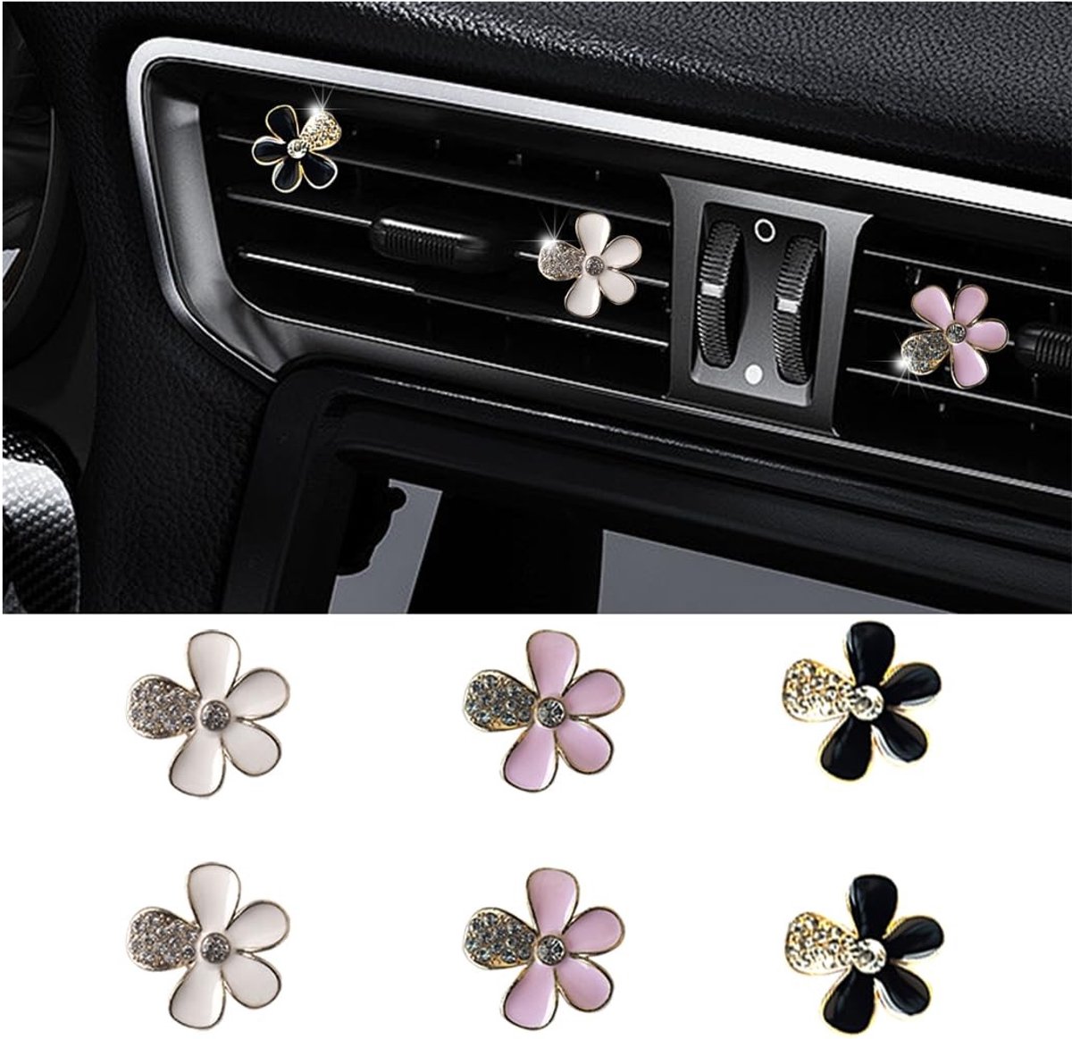 Dailygoods- Bloemclips Pack van 6 - Auto Decoratie - Luchtrooster Clip - Madeliefje Design - Antislip - Legering met Strass - 2,4 x 2,4 cm