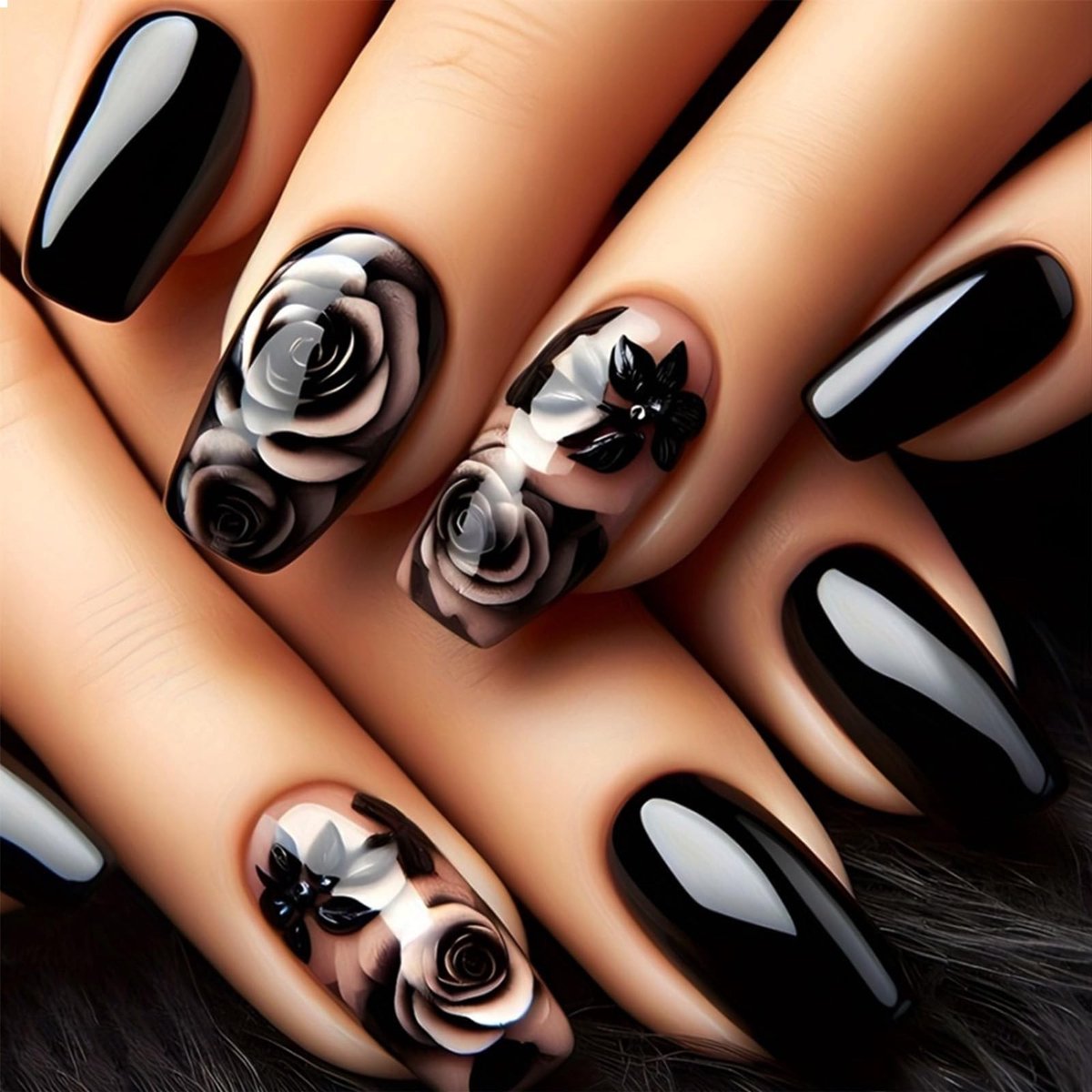 Dailygoods- Press-on Nagels 24 Stuks - Zelfklevende Kunstnagels - Zwarte Rozenbloemen - Acryl Nagels - Doodskist Vorm - Hoogwaardig Materiaal