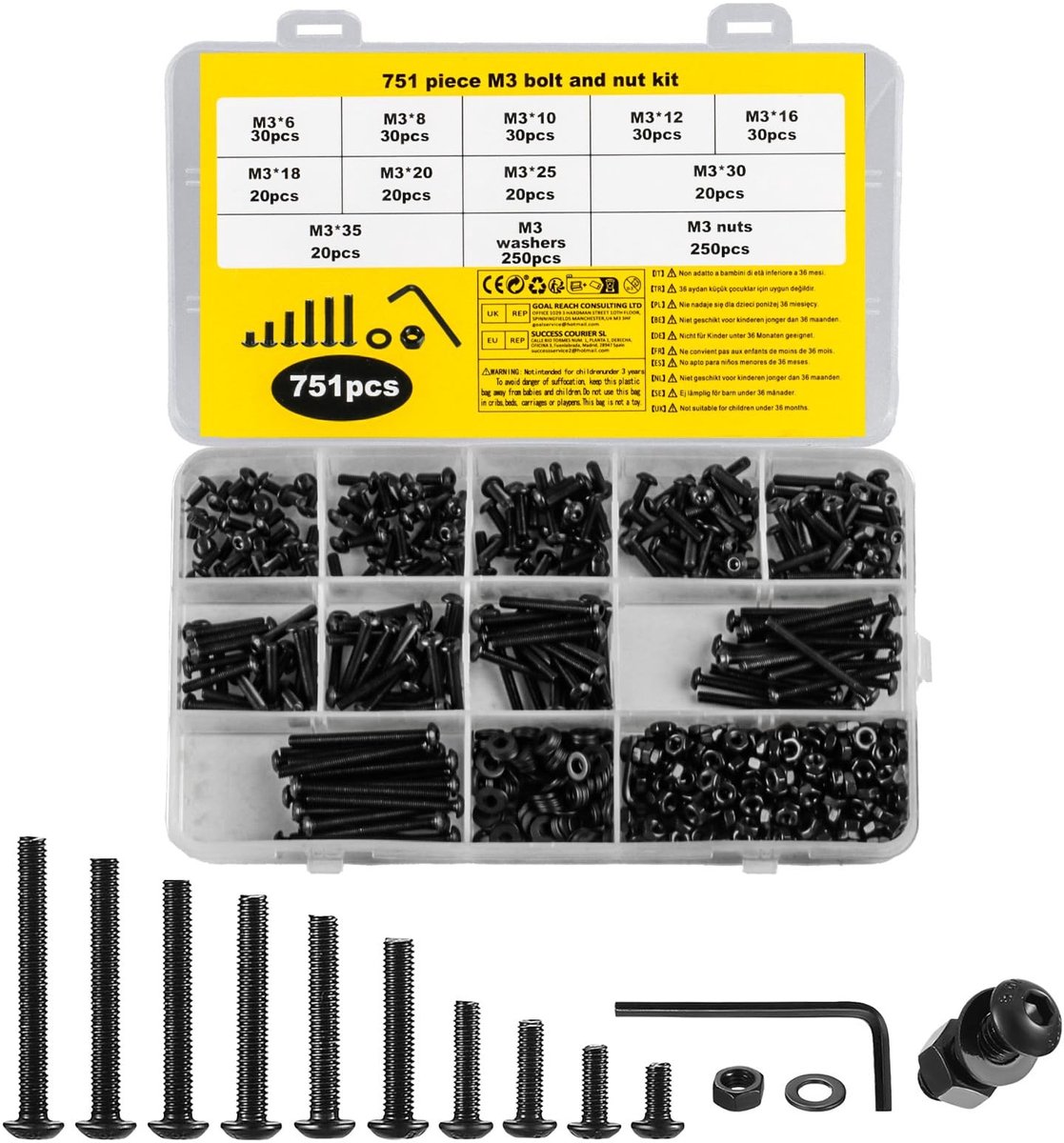 Dailygoods- Schroevenset 751 Stuks - Binnenzeskantschroeven - Moeren/Ronde Kop - Machineschroeven - Sluitringen - Assortimentset met Sleutel - Schroeven