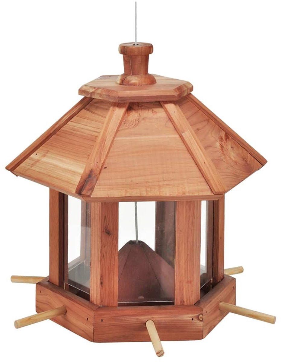 Dailygoods- Vogelvoederhuisje Eenvoudig te vullen - Vogelvoederstation - Houten voederhuisje - Met kunststofsilo - Met 6 aanvliegstangen - Afneembaar dak - Voederhuis