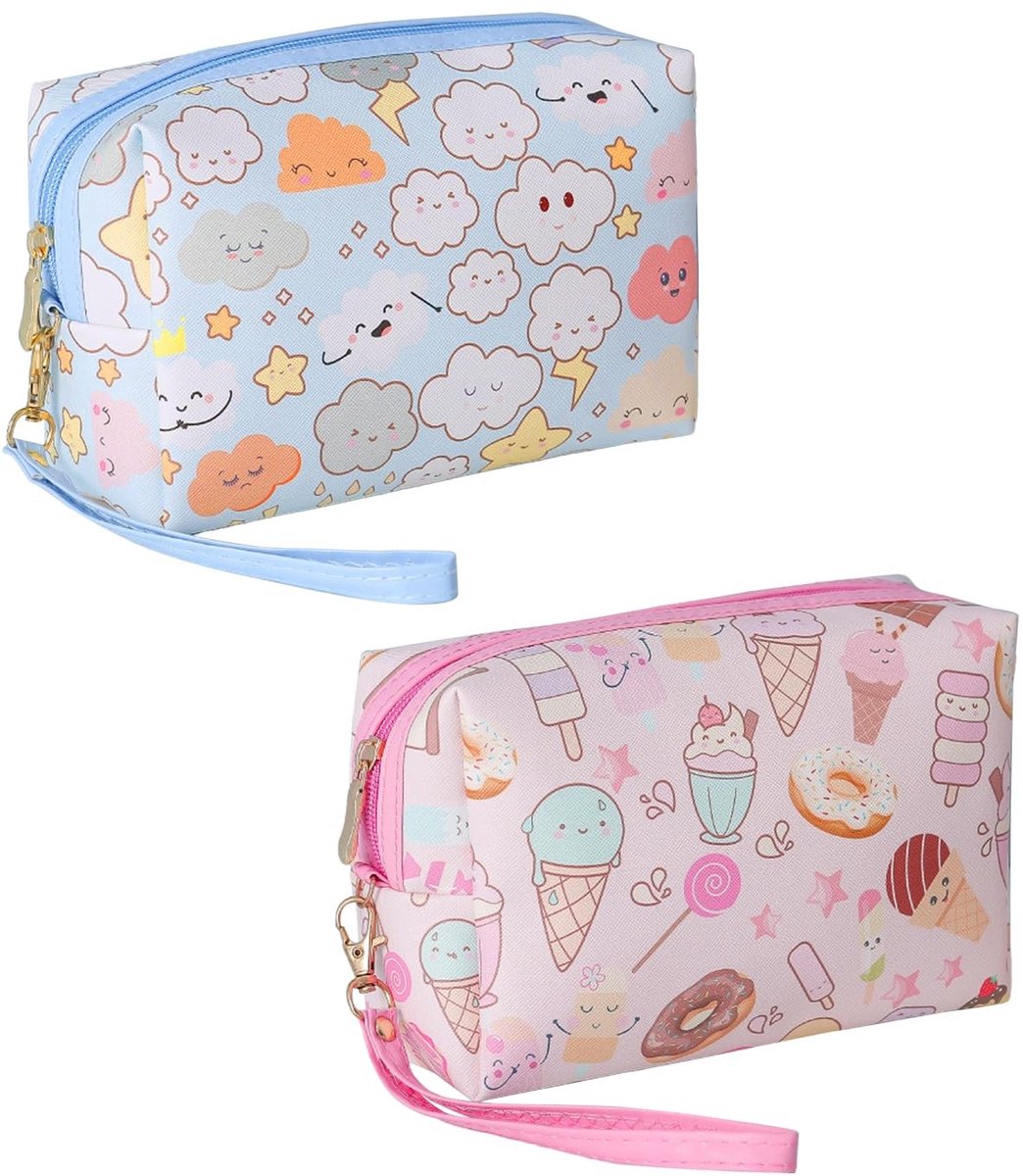 Dailygoods- Opbergtas Grote Capaciteit - Draagbare Make-up Tas - Cartoon Ontwerp - 2 Stuks - Roze - Compact 15 x 11 x 7 cm - Make-uptas