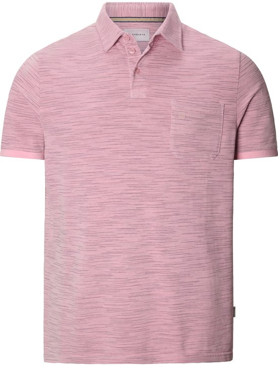 Roze Babista poloshirt met fijn horizontaal streeppatroon, borstzak en knoopsluiting.