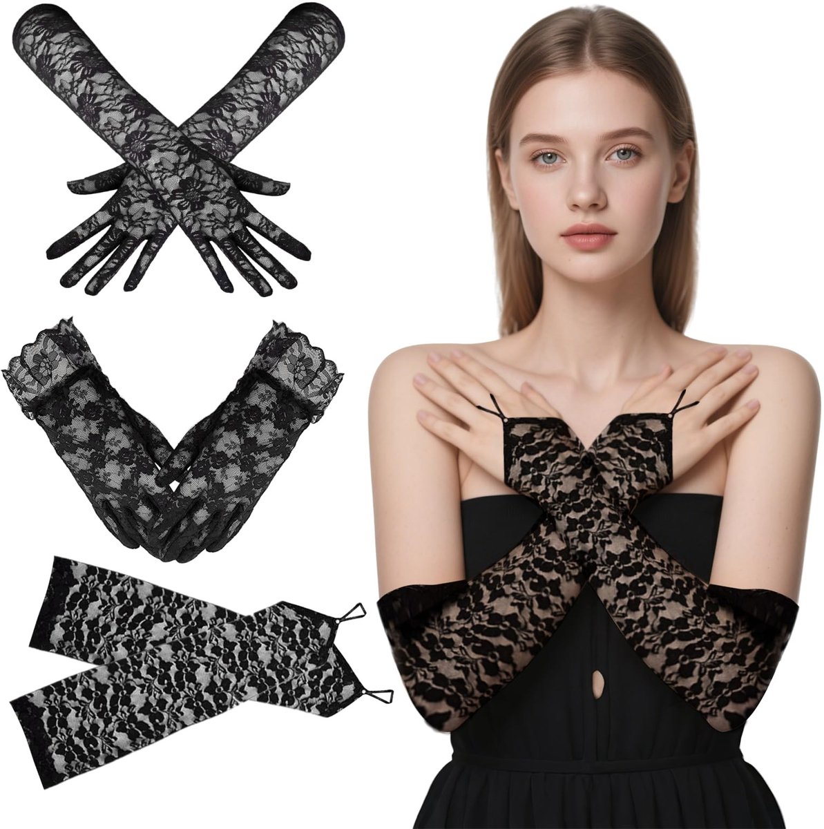 Dailygoods- Vingerloze Handschoenen Set van 3 - Kanten Dameshandschoenen - Zwart Mesh Design - Ademend - Perfect voor Bruiloft/Halloween