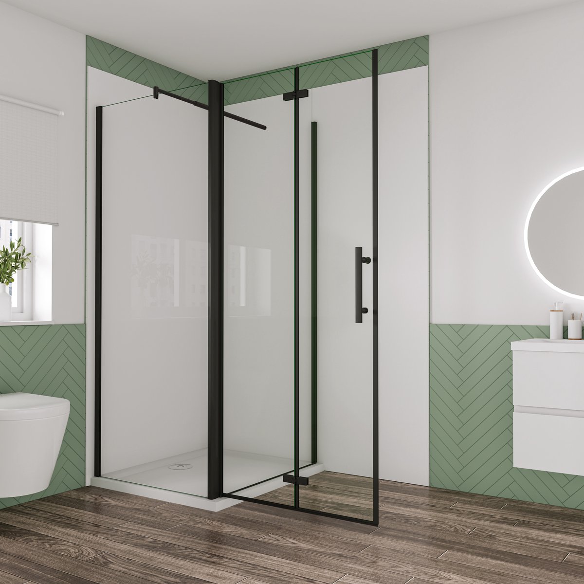 Aica Industriële douchecabine 76x80x195cm met vouwdeur en vaste zijwand 6mm helder EasyClean veiligheidsglas mat zwarte aluminium frame stabilisatiestang 70-120cm incl. douchebak