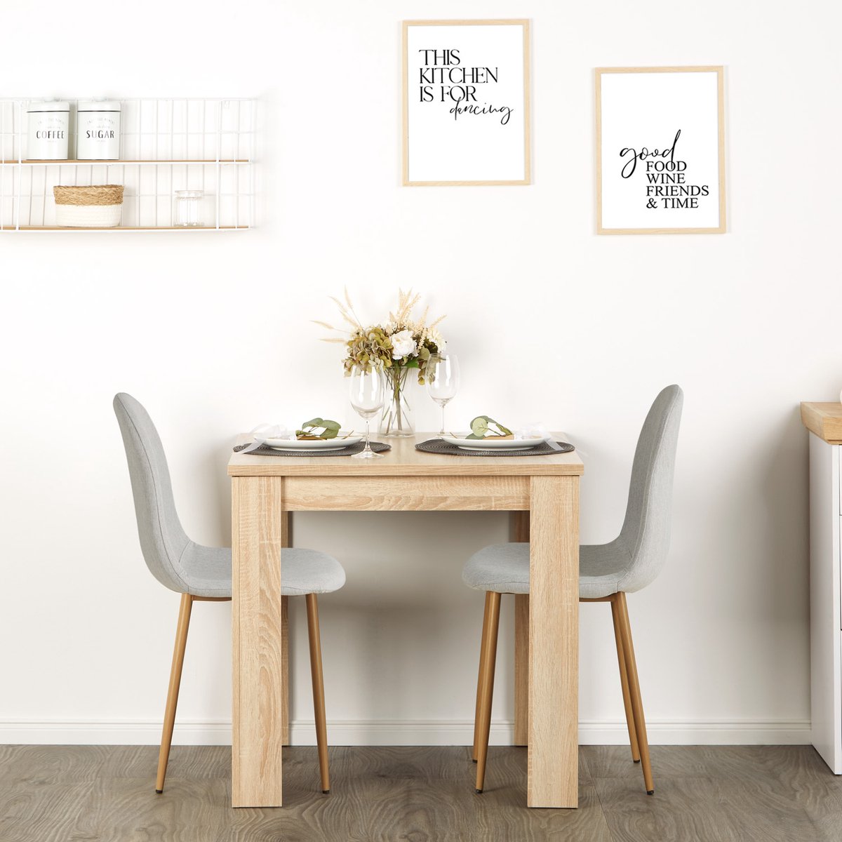 Homestyle4u Eethoeken - 80x80 cm - met 2 stoelen - Grijs - Eettafel van massief natuurlijk hout