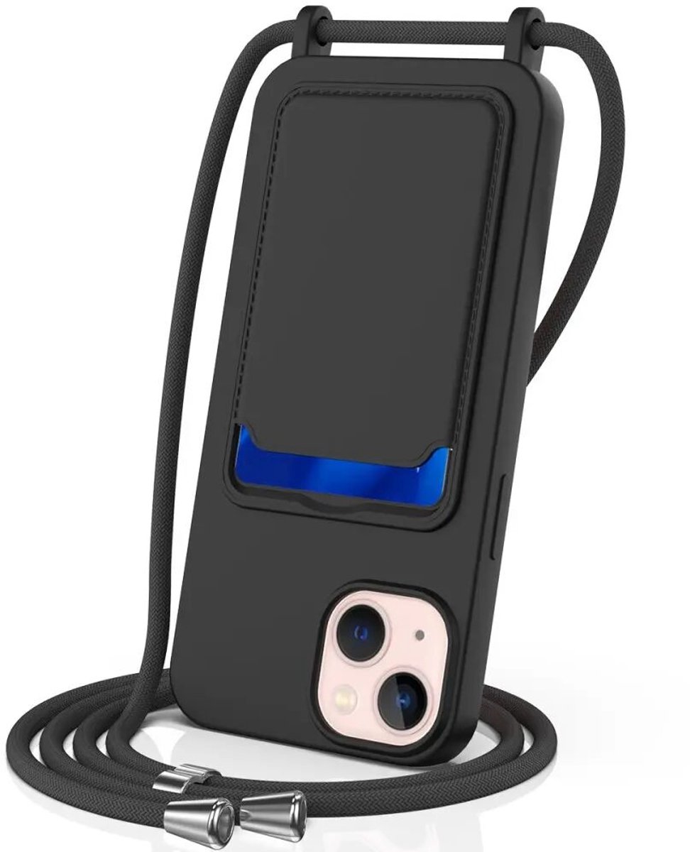 Hoesje met Koord en Pasjeshouder Geschikt voor Apple iPhone 13 | Back Cover met Crossbody Koord en Kaarthouder | Ideaal voor Festival/Vakantie | Siliconen | Zwart