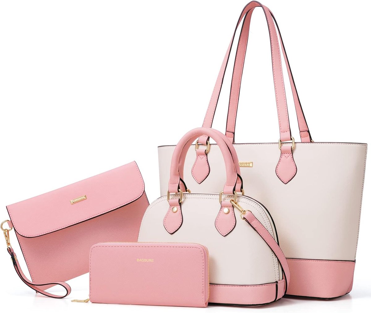 MODFU Dames Handtas Schoudertas – 40x29x14 cm – Ruim & Stijlvol – 4-delig Set met Crossbody Tas – PU Leer – Roze/Wit