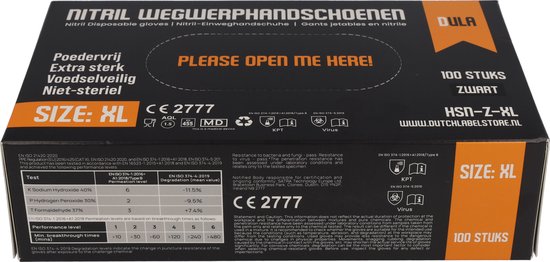 Doos DULA nitril wegwerphandschoenen, maat XL, zwart, 100 stuks. "PLEASE OPEN ME HERE!" staat op de doos.