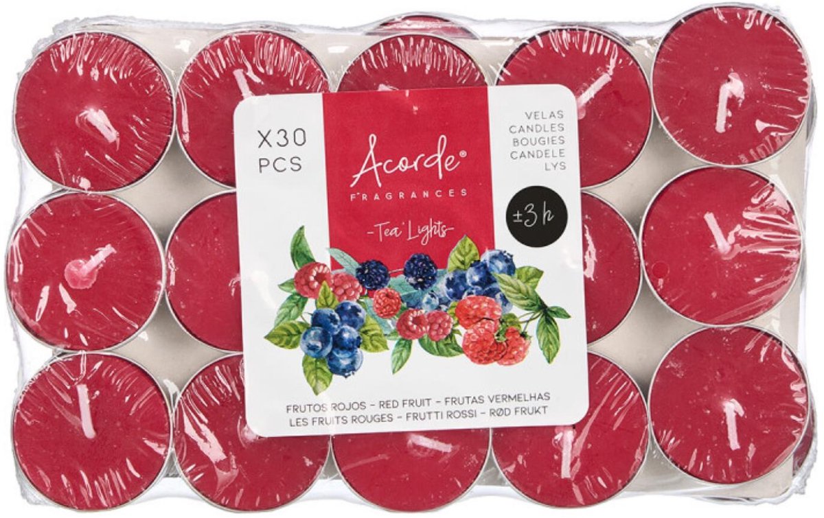 Acorde theelichtjes - rode vruchten geur - 30x - rood - waxinelichtjes/geurkaarsen - 3 branduren