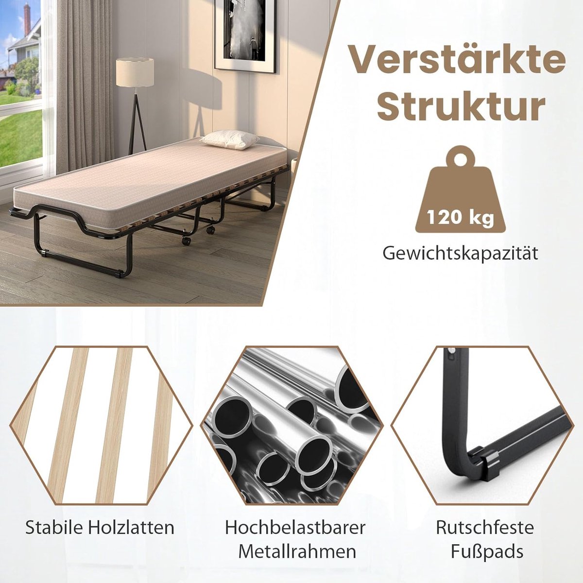 Opklapbaar Luxe Gastenbed 90x200 cm met Traagschuimmatras en Wielen – Comfortabel Eenpersoons Logeerbed, Stabiel Metalen Frame, Ruimtebesparend Reis- en Campingbed