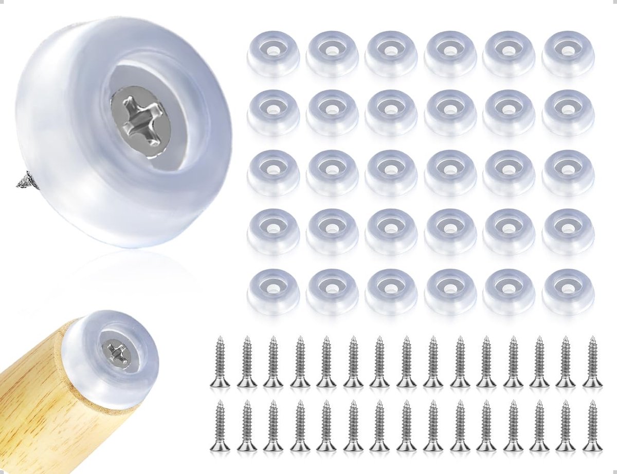 Dailygoods- Siliconen Glijders 30 Stuks - Antislip Basis - Rond - Transparant - 16 mm - Inclusief Schroeven - Meubelglijders