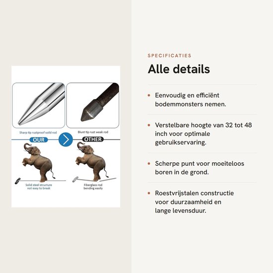 Vt products - Bodemmonstersonde - Verstelbare T-handgreep - Roestvrijstaal - Scherpe Punt - Bodemmonstername - Geschikt voor Tuin en Boerderij - 32-48 van Merkloos	 — afbeelding 2