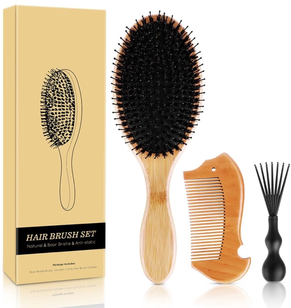 Dailygoods- Haarborstel Varkenshaar - Bamboe Paddle Haarborstel - Antiklit Haarborstel - Geschikt voor Alle Haartypes - Inclusief Houten Kam - Gezond en Zacht Haar - Haarborstelset