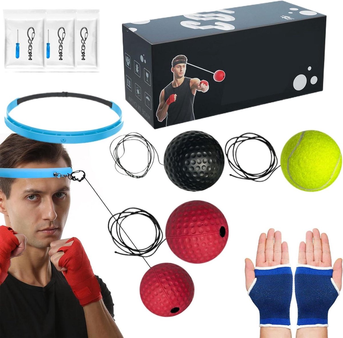 Boksbal met hoofdband - Trainingsbal reflex - Verbeteren reactiesnelheid - Drie ballen inclusief - 6 cm diameter - Zwart