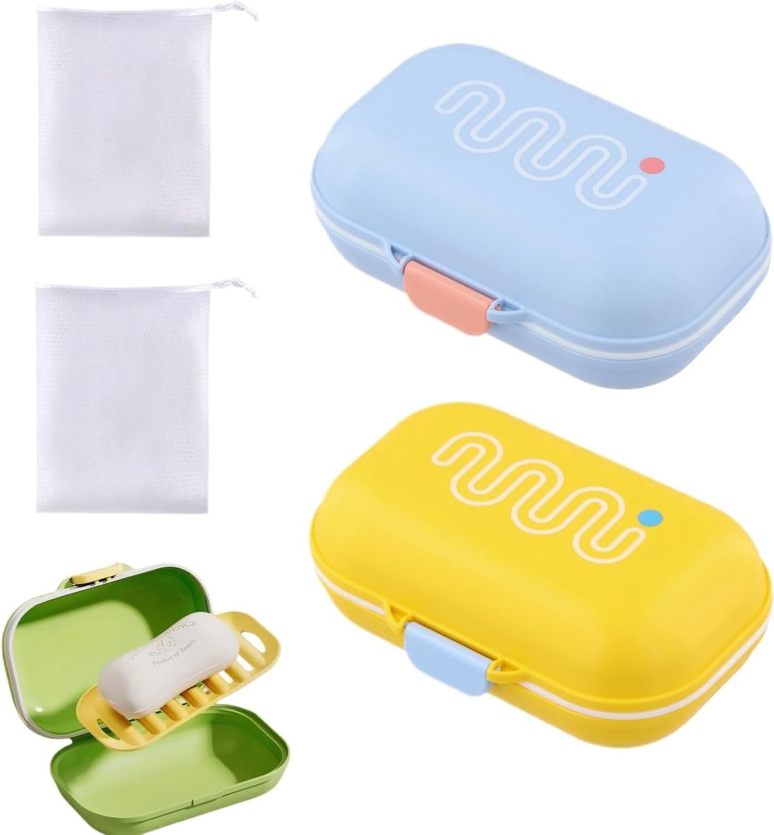 Draagbare waterdichte zeepbakjes met verzegeld deksel, ideaal voor reizen, badkamer en camping - 2 stuks (geel + blauw) met drainagepad en netvak, 11,5 x 7,5 x 4,8 cm