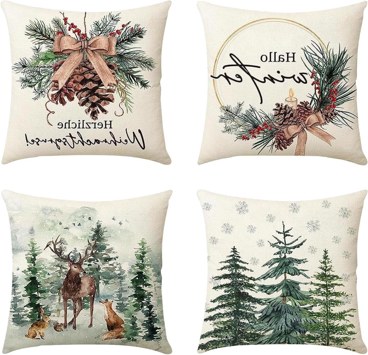 Kerst kussenhoezen voor banken, set van 4, decoratieve kussens voor de feestdagen