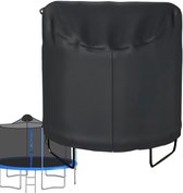 Zwarte trampolinehoes, met rits aan de voorkant, naast een blauwe trampoline met net.
