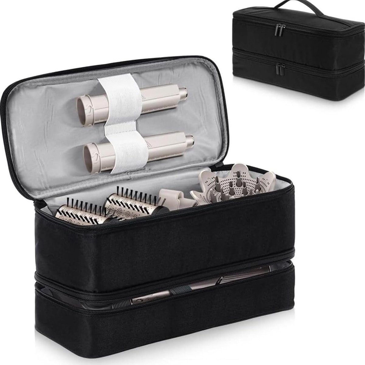 Reisorganizer voor Haarstyler en Accessoires - Dubbele Laag, Draagbare Tas voor Flexstyle en Airwrap, Zwart, Ideaal voor Vakantie en Thuisgebruik