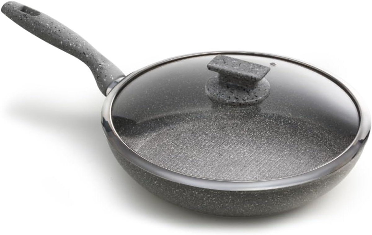 Koekenpan met Deksel - Koekenpan Steenlook - Gezond Koken - Unieke Antiaanbaklaag - 28 cm - Grijs