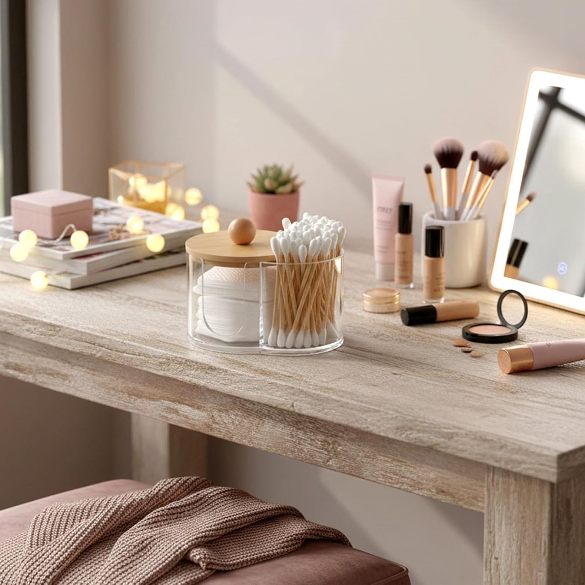 Cotton Swab en Pad Houder met Houten Deksel - Transparante Acryl Organizer voor Make-up Tafel en Badkamer, Stofdicht en Praktisch voor Oordoppen en Wattenpads — cadeau in Cadeau-ideeën - foto 3