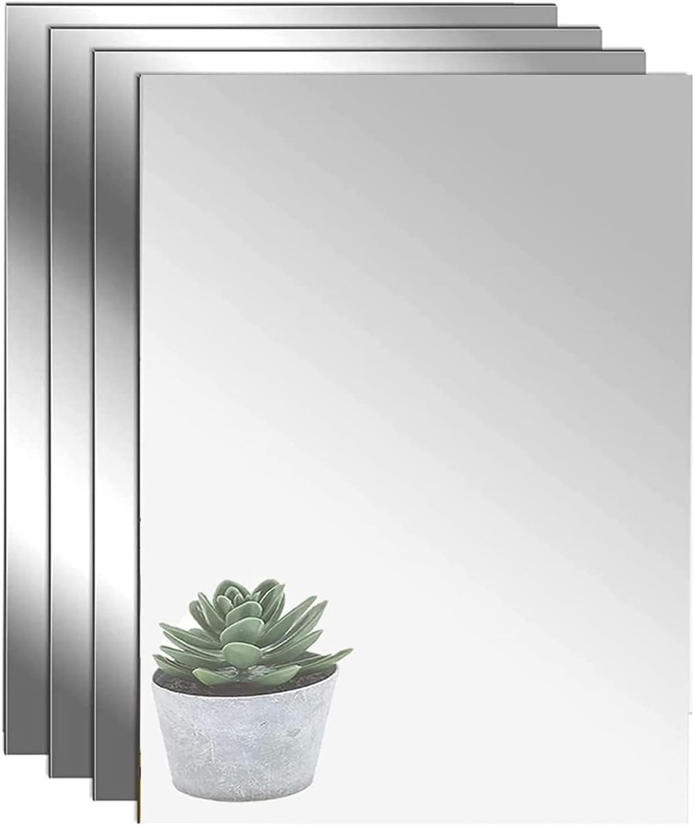 HD Zelfklevende Spiegels - Set van 4 Flexibele Spiegeltegels voor Wanddecoratie, A4 Formaat, Decoratieve Acryl Spiegels
