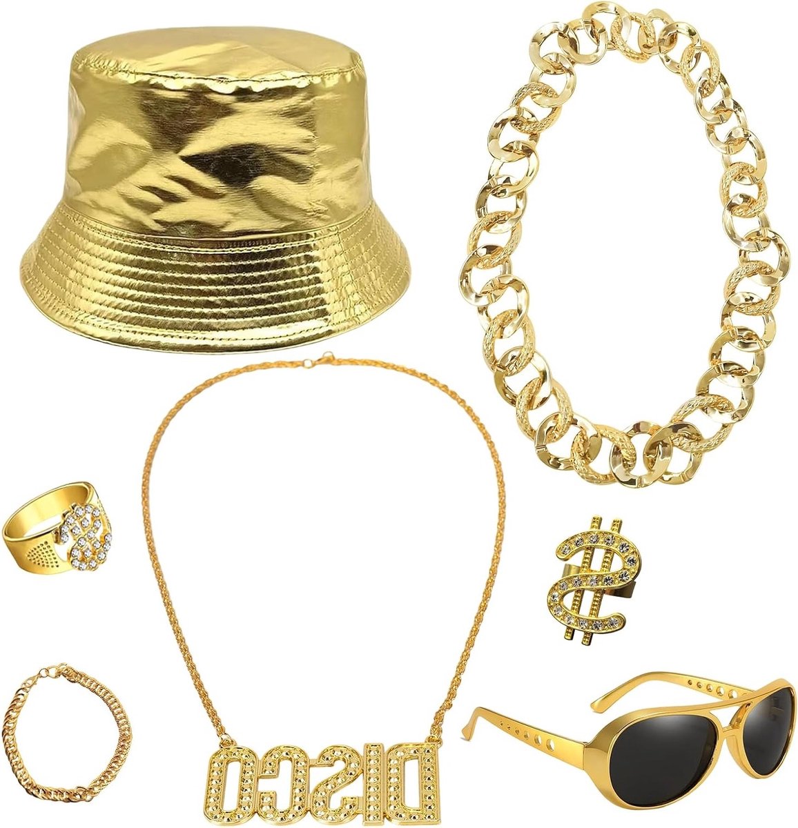 Complete 7-delige Hip Hop Kostuum voor Mannen en Vrouwen, 80s 90s Rap Outfit met Gouden Hoed, Zonnebril, Disco Ketting en Accessoires voor Carnaval, Halloween en Feestjes