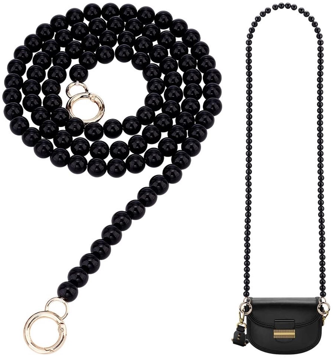 Dailygoody - Imitatie Parel Kraal Tas Ketting - Crossbody Tas Ketting Riem - 120cm Zwart - Portemonnee Ketting Vervanging - Gouden Sluitingen - Geschi...