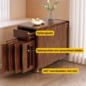 Bruine, opvouwbare eettafel met opbergruimte voor stoelen en lade. Wieltjes aan de onderkant.