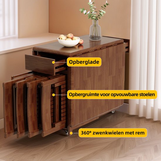 Bruine, opvouwbare eettafel met opbergruimte voor stoelen en lade. Wieltjes aan de onderkant.