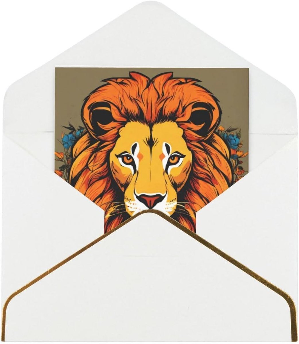 Wenskaarten met Leeuwenprint - Kaarten en Enveloppen - Feestelijke Communicatie - Gouden Rand Decoratie - 23x16 cm - Wit