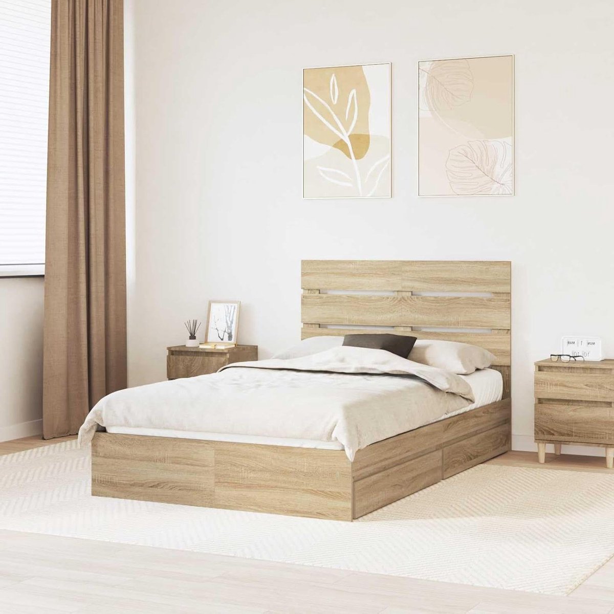 Opbergbed - Houten bedframe - Slaapkamer organiseren - Met lade - 120 x 200 cm - Sonoma eiken