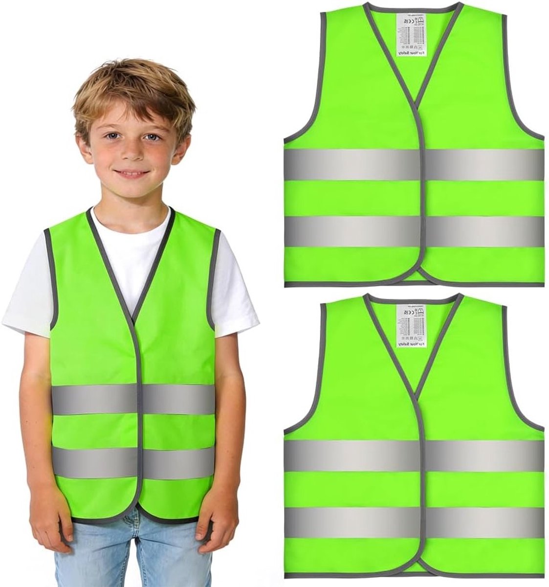 Veiligheidsvesten voor Kinderen Set van 2, 360° Reflecterende Strepen, Fietsen, School, Sport en Hardlopen (Groen, L)